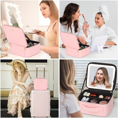 Illuminate Your Beauty: Ultimate Travel Makeup Bag with LED Mirror & Adjustable Dividers - Perfect Cosmetic Organizer for Women