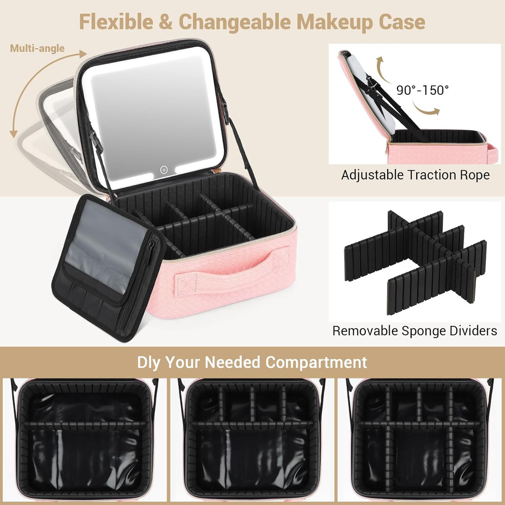 Illuminate Your Beauty: Ultimate Travel Makeup Bag with LED Mirror & Adjustable Dividers - Perfect Cosmetic Organizer for Women