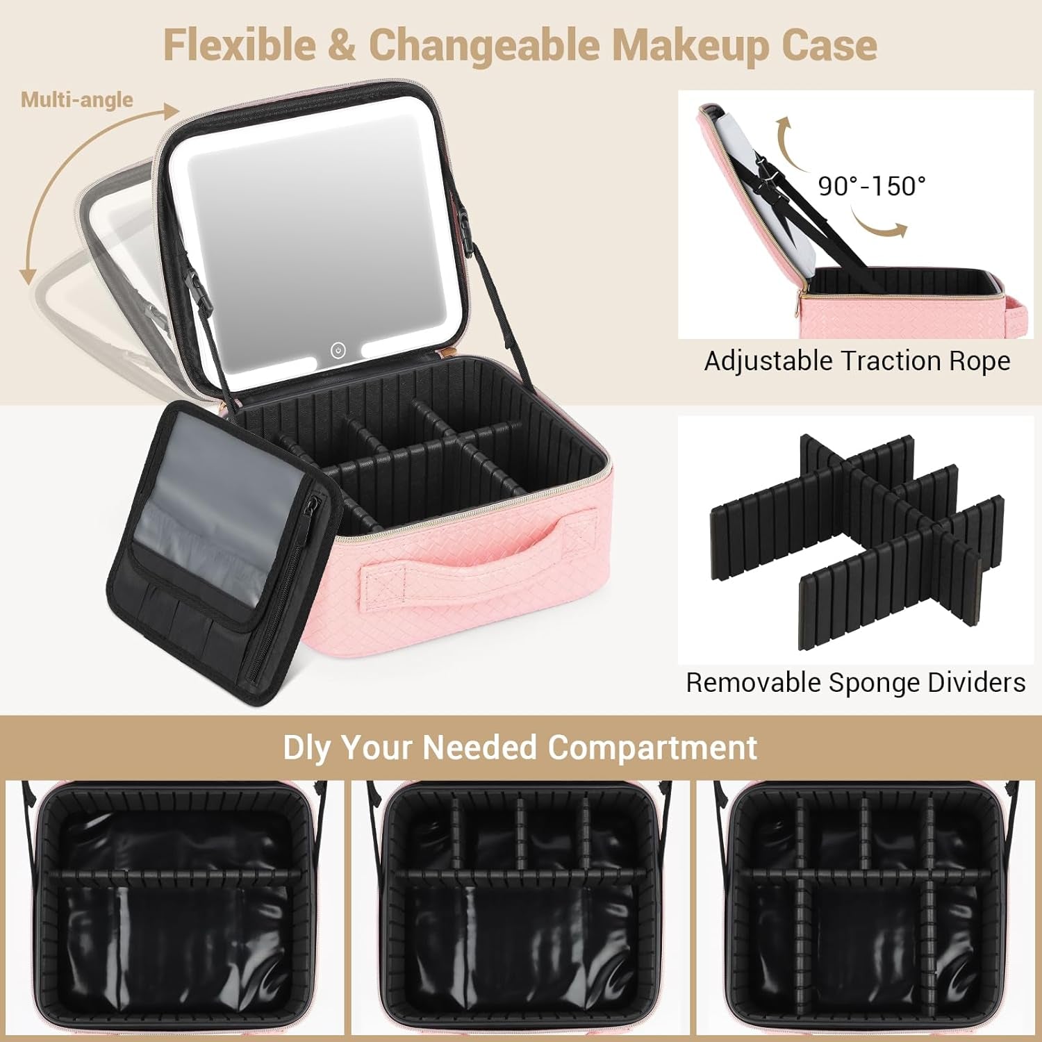 Illuminate Your Beauty: Ultimate Travel Makeup Bag with LED Mirror & Adjustable Dividers - Perfect Cosmetic Organizer for Women