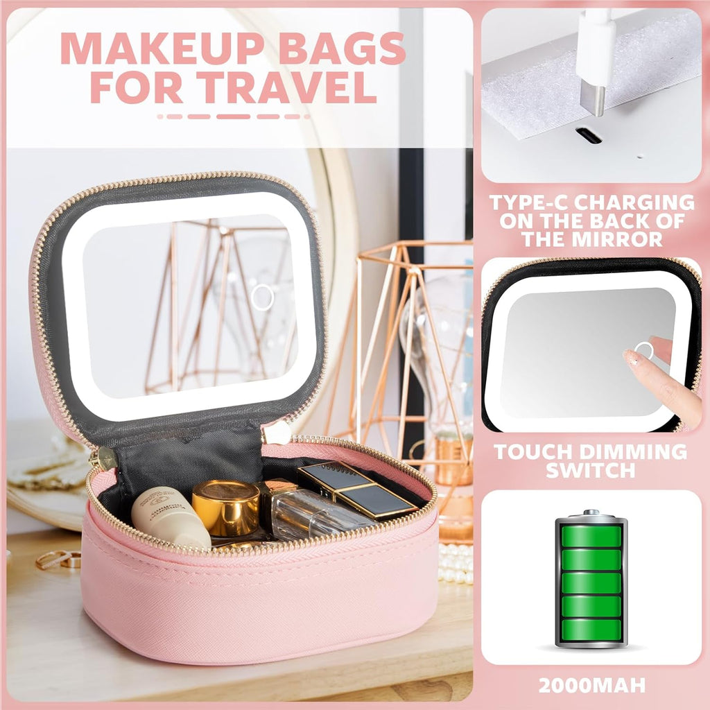 Chic Mini Makeup Bag with LED Mirror - Travel-Friendly Cosmetic Organizer with Adjustable Light Modes for Effortless Touch-Ups